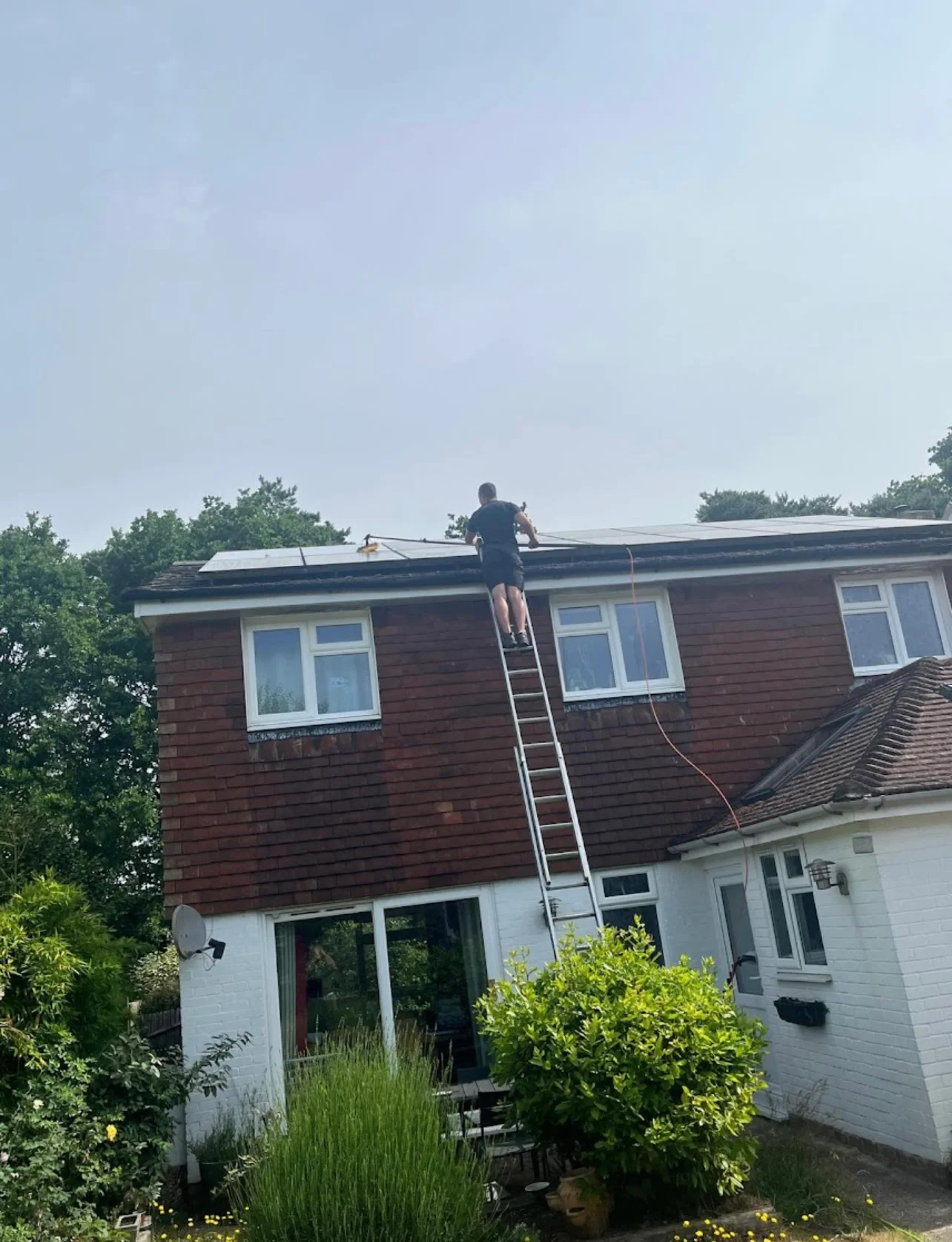 Ladder work cleaning a rooftop solar panel array